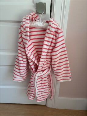 Petit Bateau Hooded Kids Bathrobe in White and Pink Stripes